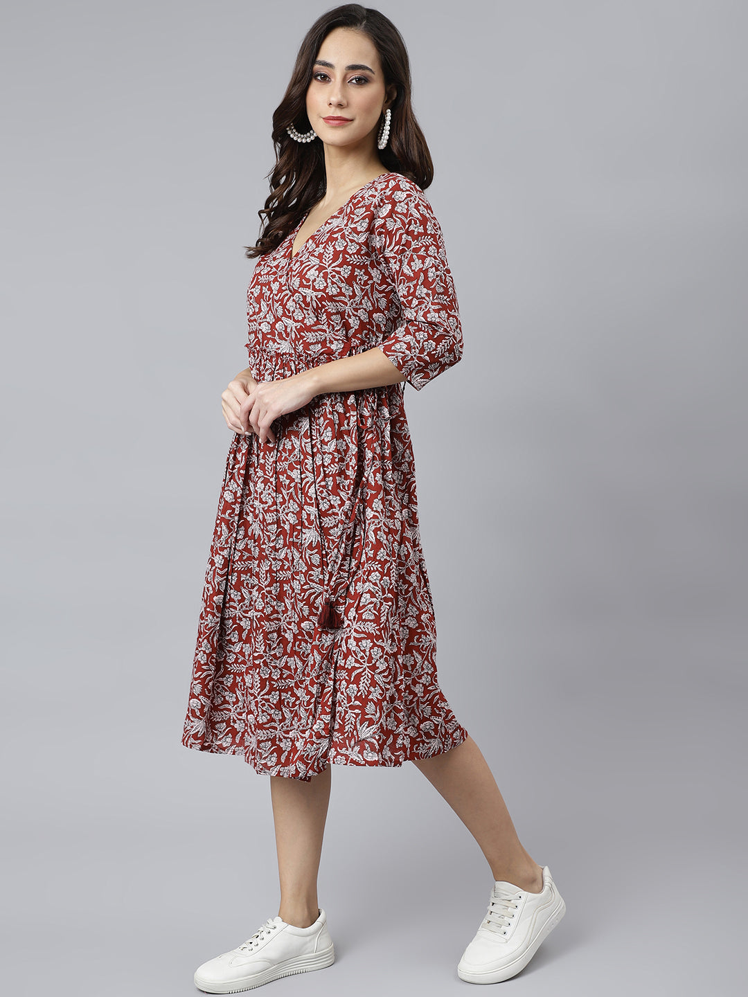 Janasya Women's Maroon Cotton Floral Printed Angrakha Western Dress - Distacart