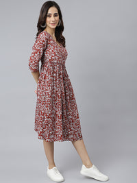 Thumbnail for Janasya Women's Maroon Cotton Floral Printed Angrakha Western Dress - Distacart