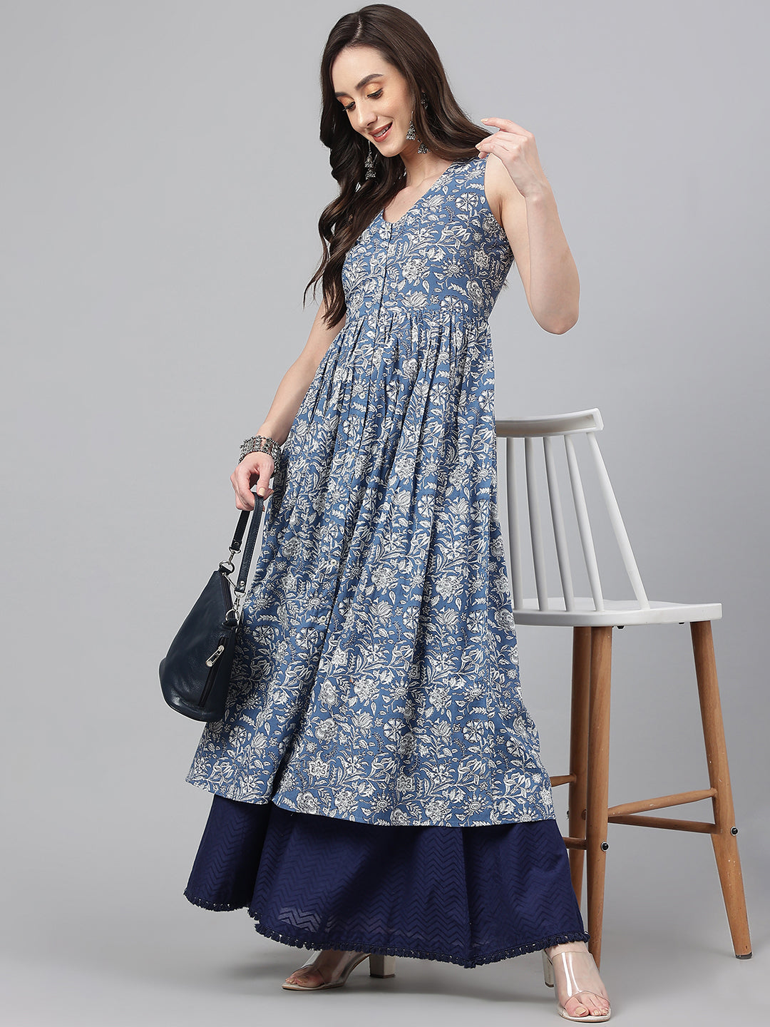 Janasya Women's Blue Cotton Floral Printed Casual Flared Kurta - Distacart