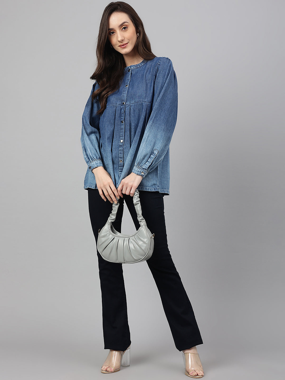 Buy Janasya Women's Blue Denim Faded Flared Top Online at Best Price