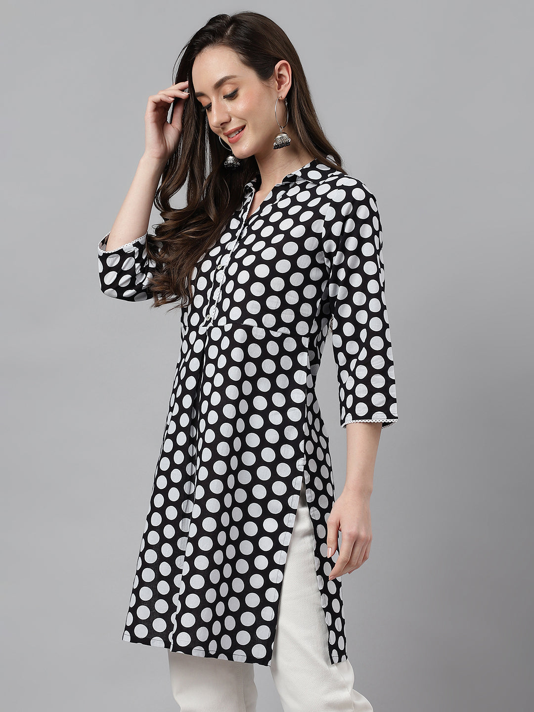 Janasya Women's Black Cotton Polka Print Casual A-Line Tunic - Distacart