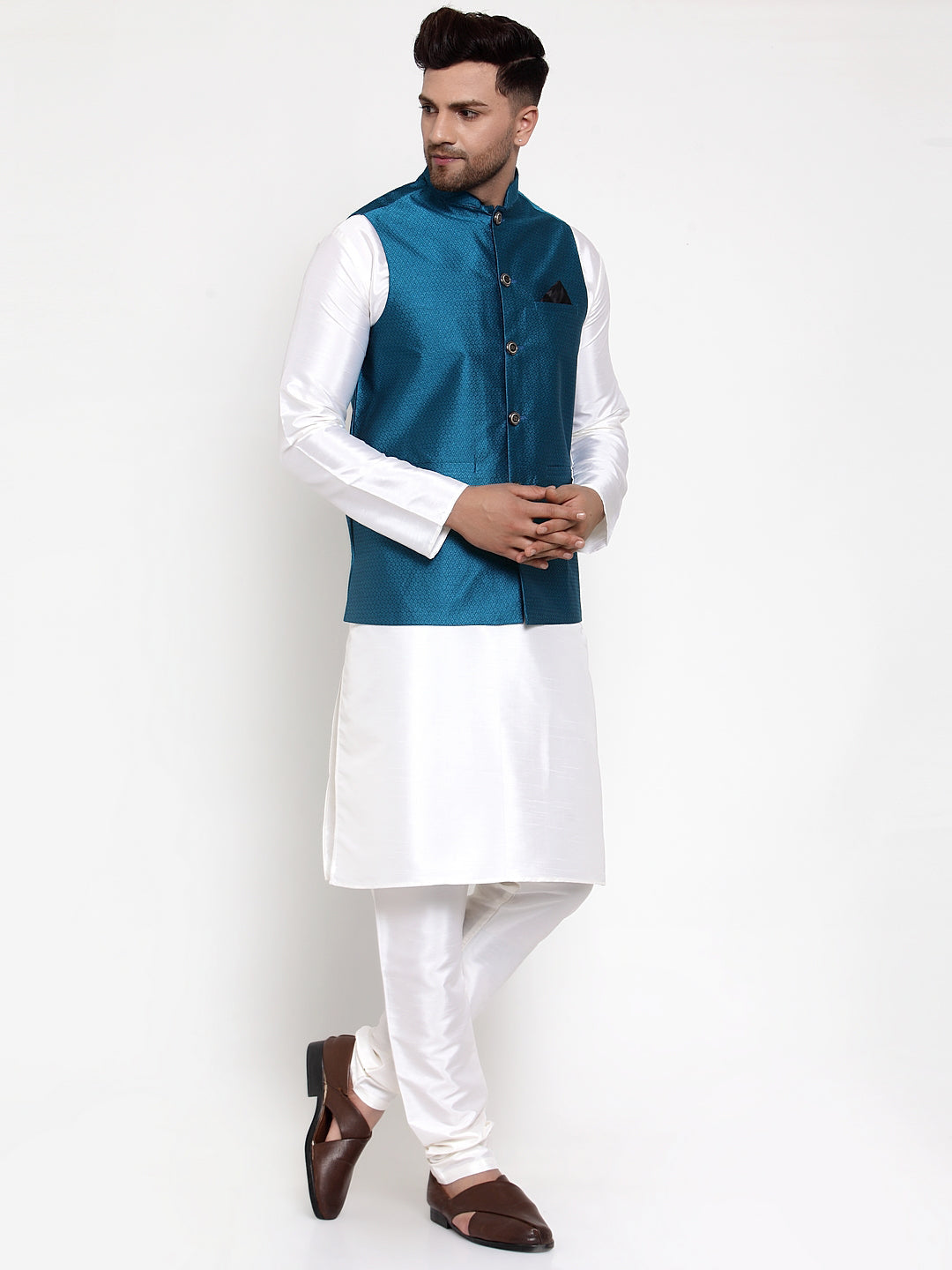 Cotton Silk Sequins Work Navy Blue Nehru Jacket Suit