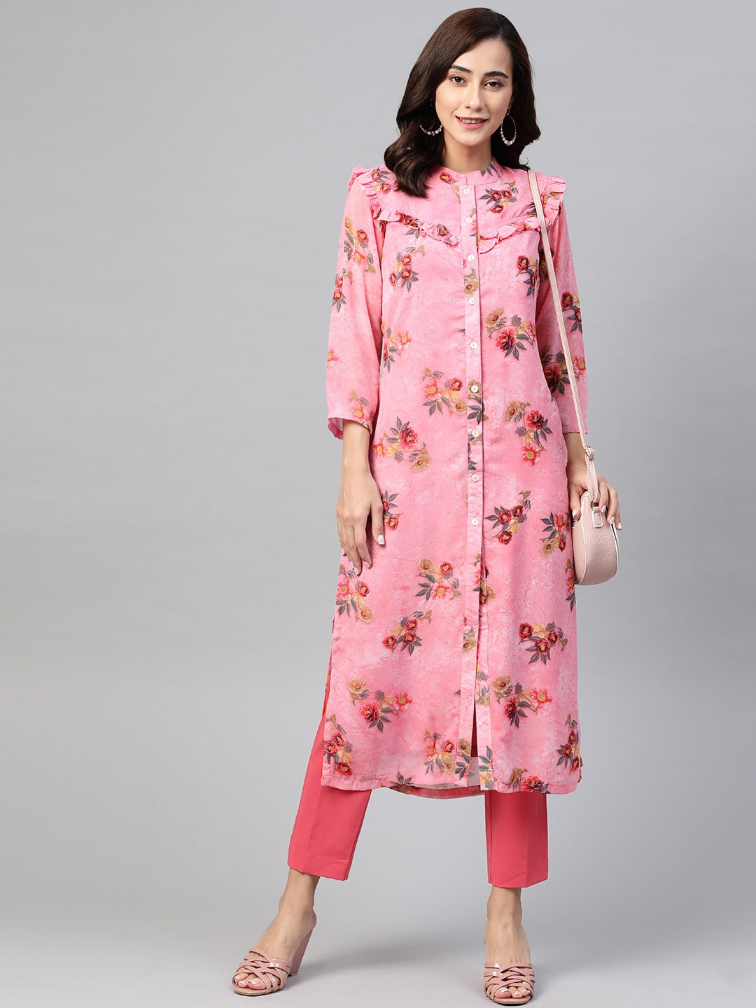 Jompers Women Pink & Olive Green Floral Printed Frills Straight Kurta - Distacart