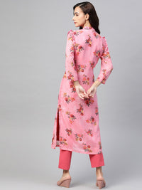 Thumbnail for Jompers Women Pink & Olive Green Floral Printed Frills Straight Kurta - Distacart