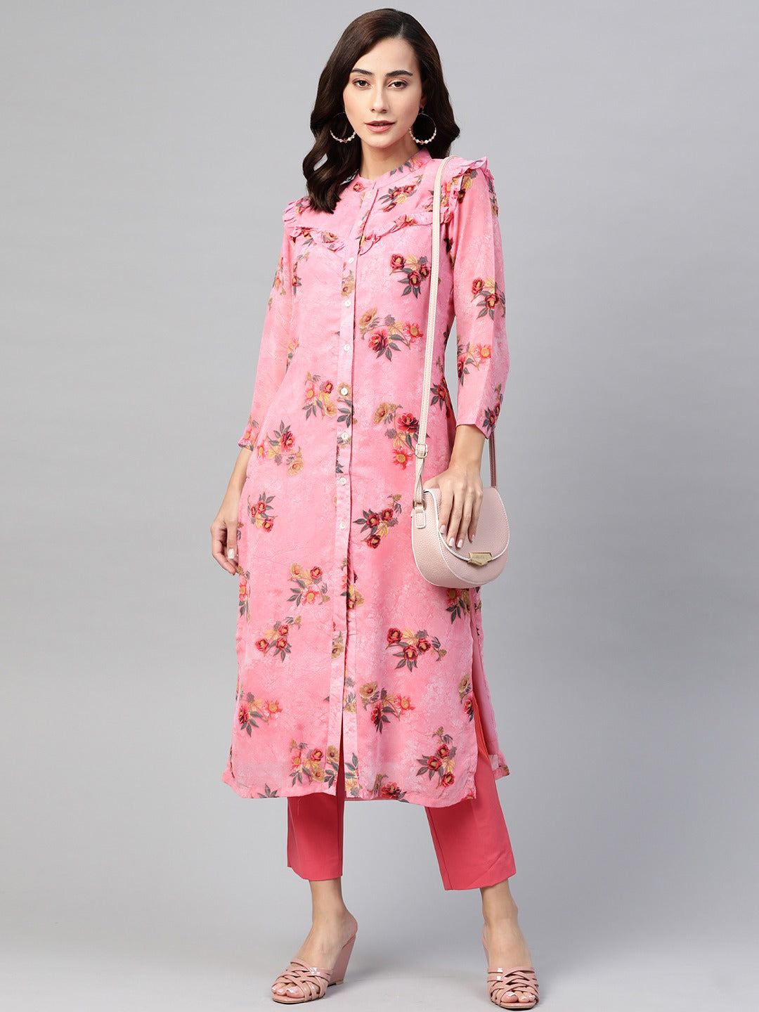 Jompers Women Pink & Olive Green Floral Printed Frills Straight Kurta - Distacart