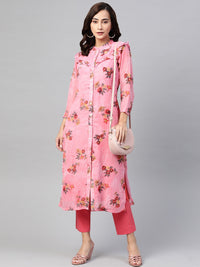 Thumbnail for Jompers Women Pink & Olive Green Floral Printed Frills Straight Kurta - Distacart