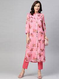 Thumbnail for Jompers Women Pink & Olive Green Floral Printed Frills Straight Kurta - Distacart