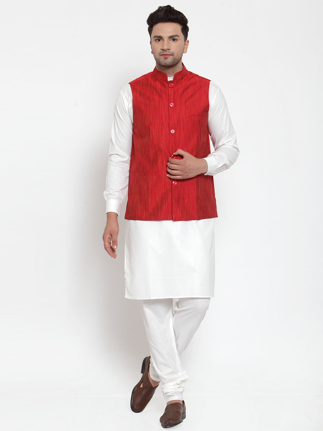 Woven Art Silk Jacquard Nehru Jacket in Red : MLC53