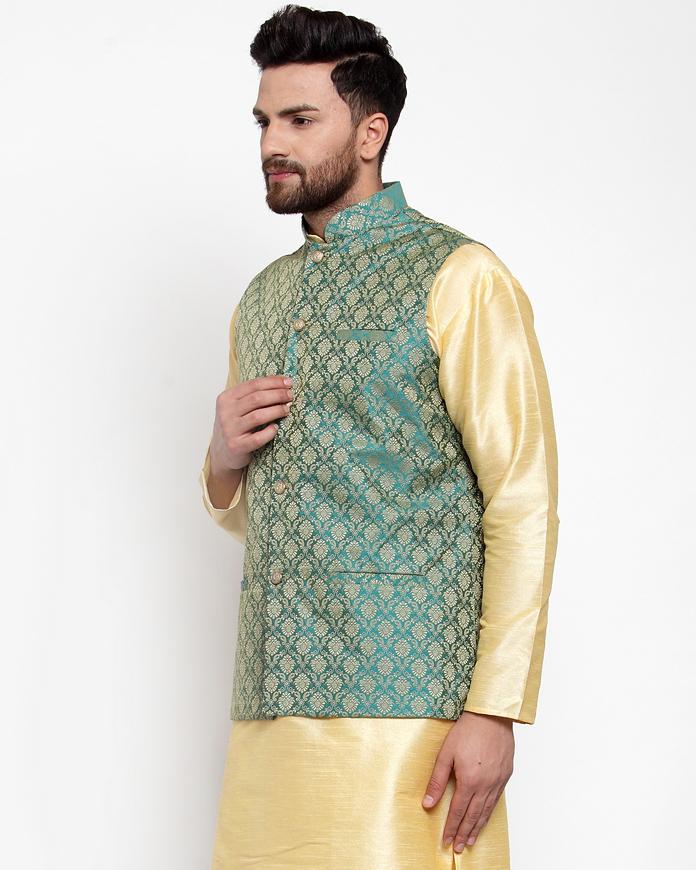 Buy Men's Gold Silk Woven Nehru Jacket Online — Karmaplace