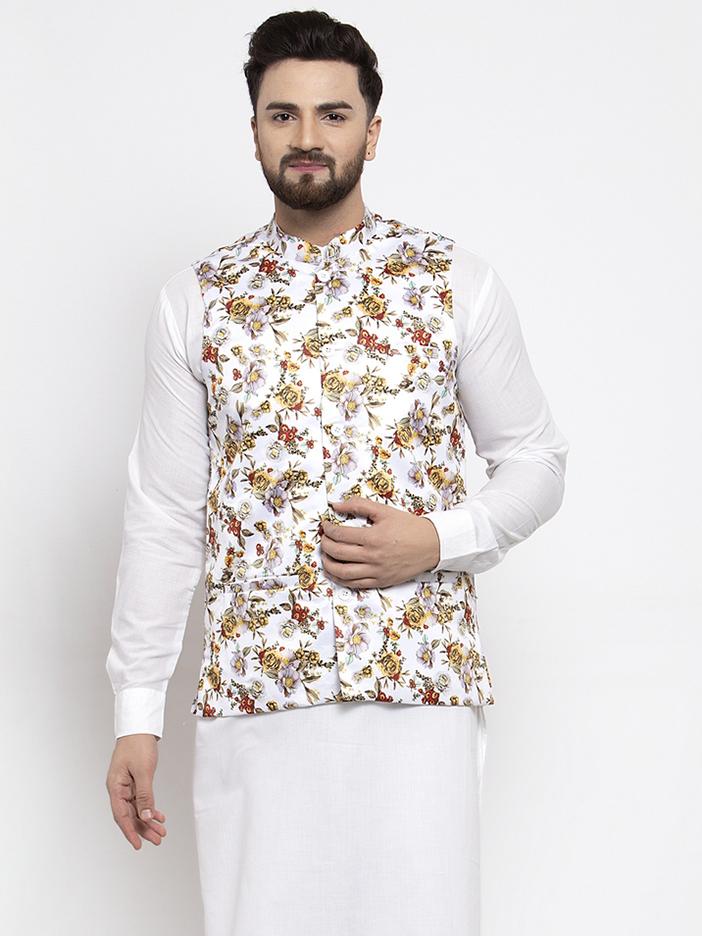 White printed nehru clearance jacket