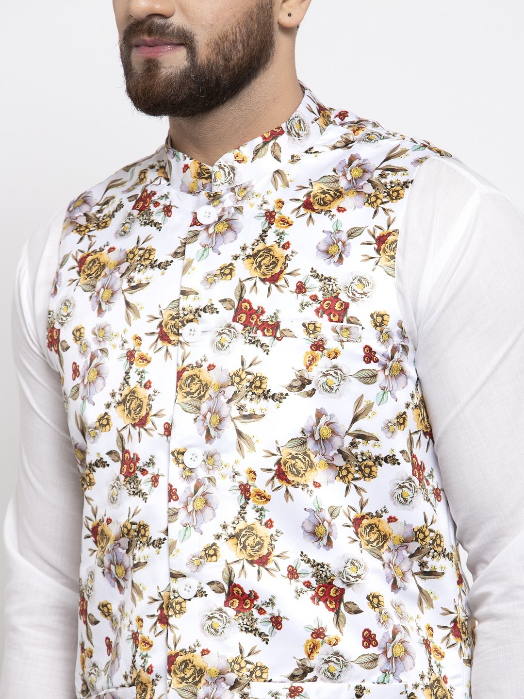 White printed nehru jacket sale