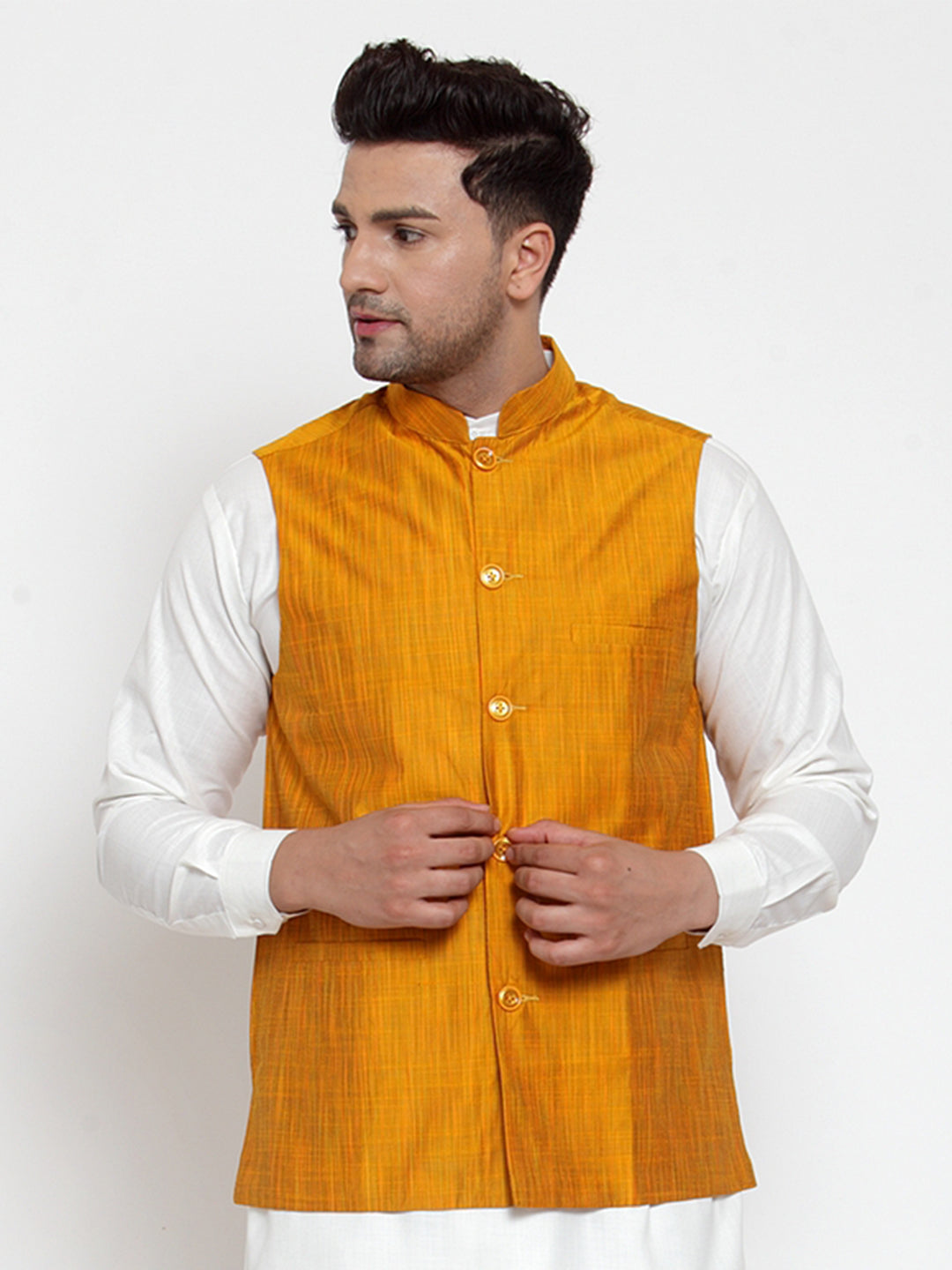 Yellow and red floral printed striped nehru jacket by Desi Doree | The  Secret Label