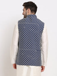 Thumbnail for Jompers Men's Navy Blue Navy Blue and White Embroidered Nehru Jacket