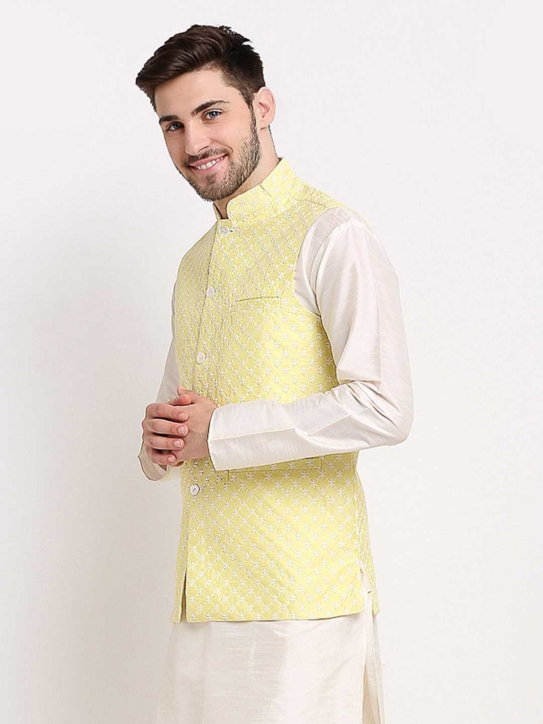 Solid Jute Yellow Nehru Jacket at Rs 1600/piece in Jaipur | ID: 9223402988