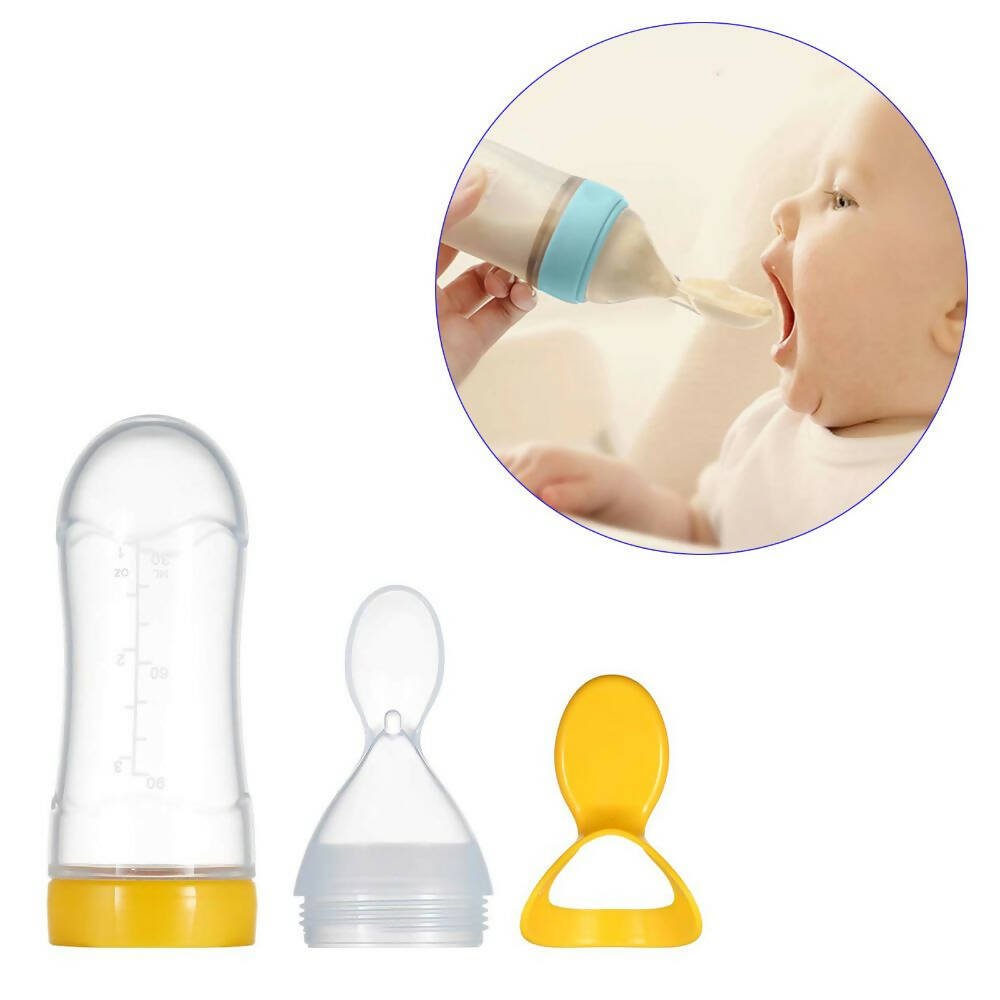 Safe-o-kid Easy Set of 2 Squeezy Silicone Food Feeder Spoon (Soft Tip) Bottle- Yellow- 90ml