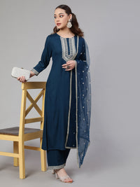 Thumbnail for NOZ2TOZ Women Teal Blue Embroidered Straight Kurta With Palazzo And Net Dupatta - Distacart