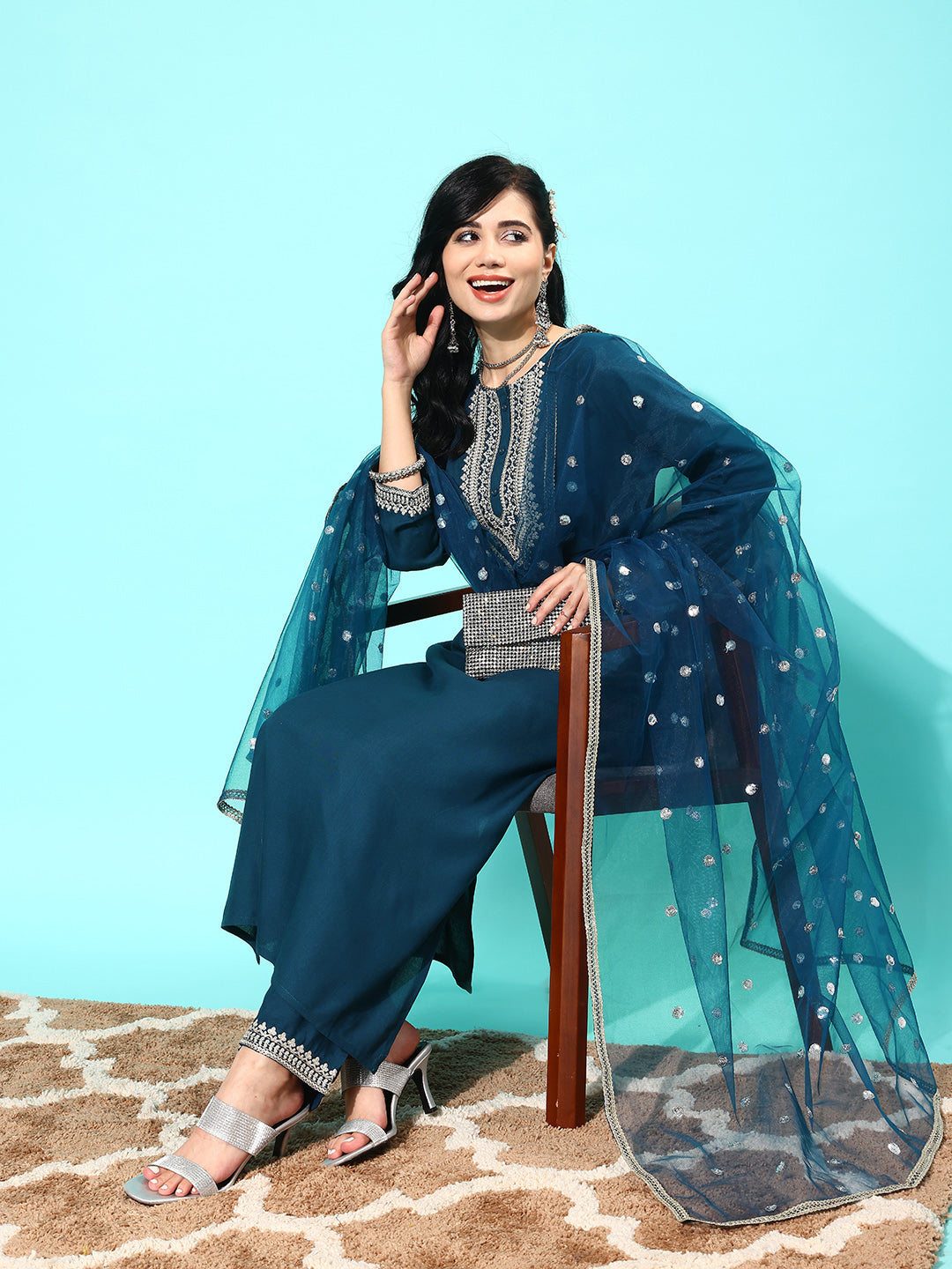 NOZ2TOZ Women Teal Blue Embroidered Straight Kurta With Palazzo And Net Dupatta - Distacart