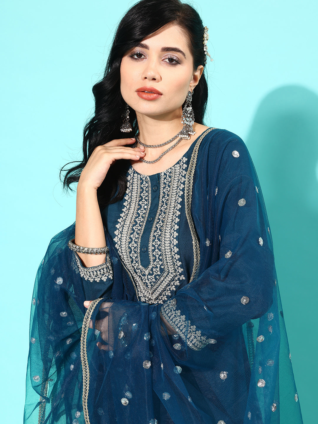 NOZ2TOZ Women Teal Blue Embroidered Straight Kurta With Palazzo And Net Dupatta - Distacart