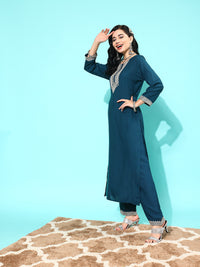 Thumbnail for NOZ2TOZ Women Teal Blue Embroidered Straight Kurta With Palazzo And Net Dupatta - Distacart