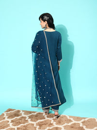 Thumbnail for NOZ2TOZ Women Teal Blue Embroidered Straight Kurta With Palazzo And Net Dupatta - Distacart