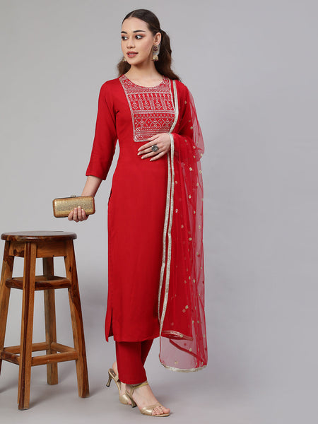 NOZ2TOZ Women Red Embroidered Straight Kurta With Palazzo And Net Dupatta - Distacart