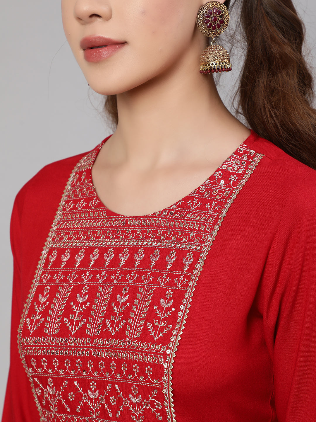 NOZ2TOZ Women Red Embroidered Straight Kurta With Palazzo And Net Dupatta - Distacart