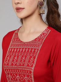 Thumbnail for NOZ2TOZ Women Red Embroidered Straight Kurta With Palazzo And Net Dupatta - Distacart