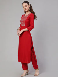 Thumbnail for NOZ2TOZ Women Red Embroidered Straight Kurta With Palazzo And Net Dupatta - Distacart