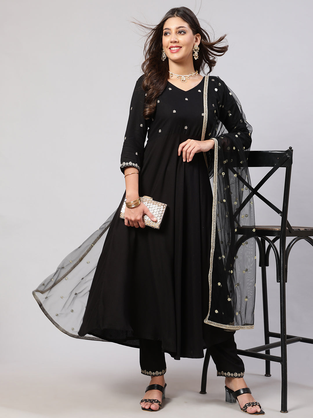 NOZ2TOZ Women Black Embroidered Flared Kurta With Trouser And Net Dupatta - Distacart