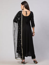 Thumbnail for NOZ2TOZ Women Black Embroidered Flared Kurta With Trouser And Net Dupatta - Distacart