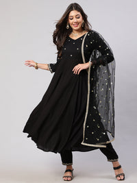 Thumbnail for NOZ2TOZ Women Black Embroidered Flared Kurta With Trouser And Net Dupatta - Distacart