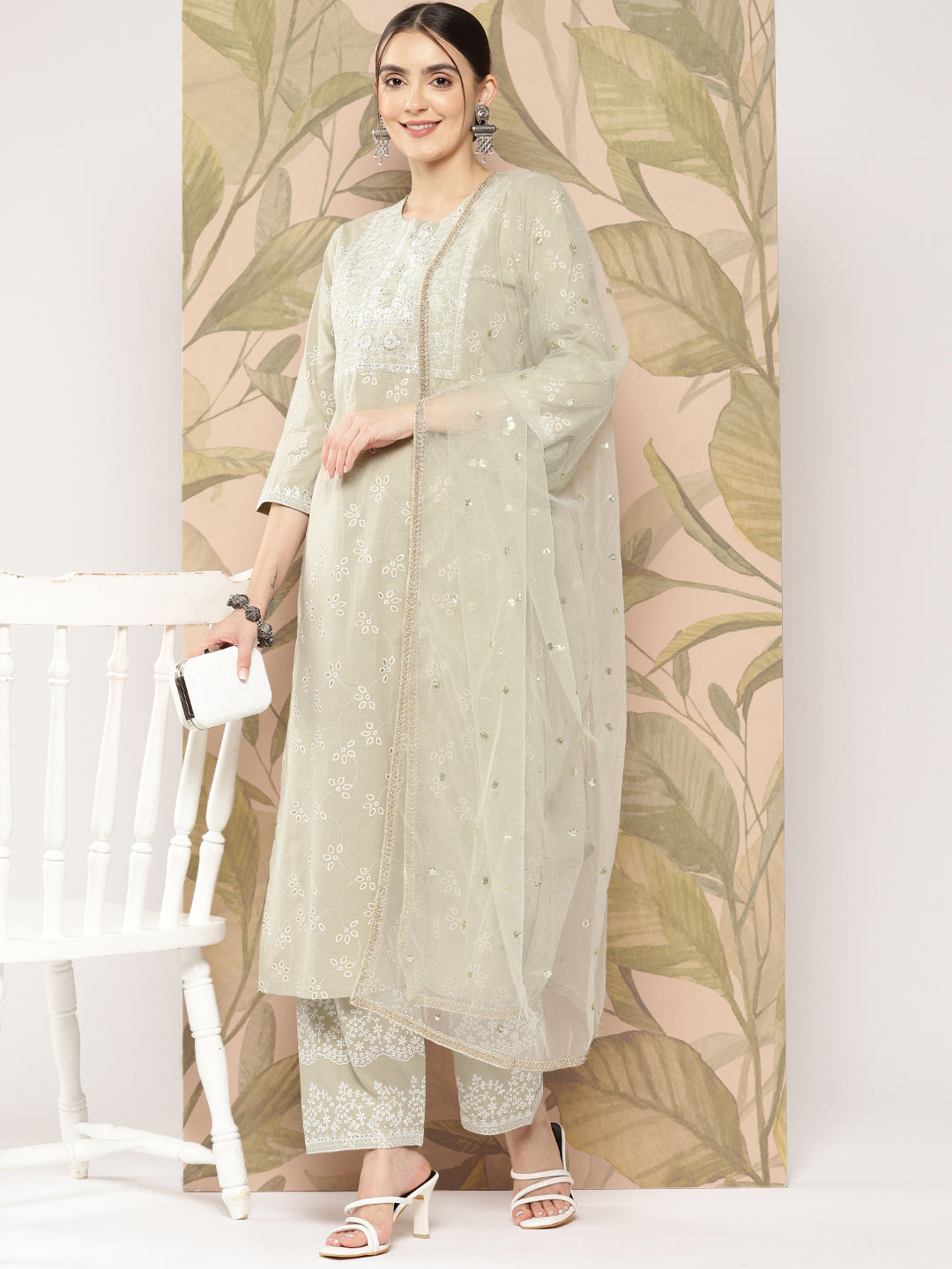 NOZ2TOZ Women Green Embroidered Straight Kurta With Palazzo And Dupatta - Distacart