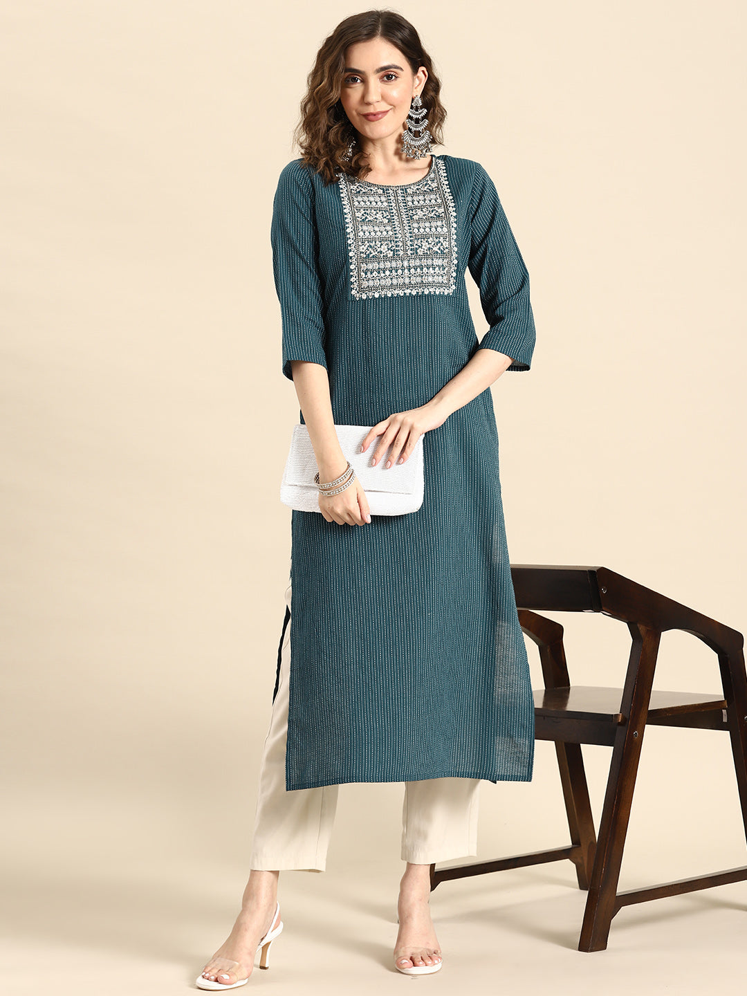 NOZ2TOZ Women Teal Blue Embroidered Yoke Desgin Straight Kurta - Distacart