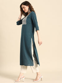 Thumbnail for NOZ2TOZ Women Teal Blue Embroidered Yoke Desgin Straight Kurta - Distacart