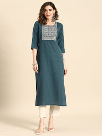 Thumbnail for NOZ2TOZ Women Teal Blue Embroidered Yoke Desgin Straight Kurta - Distacart