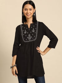 Thumbnail for NOZ2TOZ Women Black Embroidered Yoke Straight Tunic With Three Quarter Sleeves - Distacart