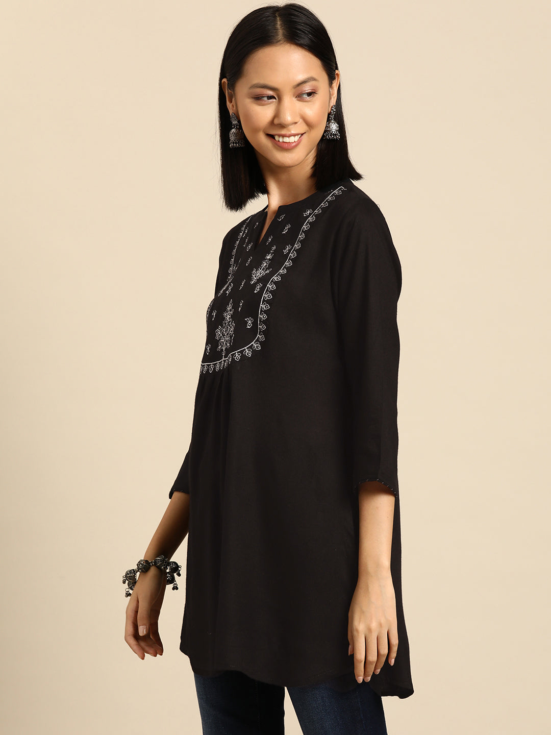 NOZ2TOZ Women Black Embroidered Yoke Straight Tunic With Three Quarter Sleeves - Distacart