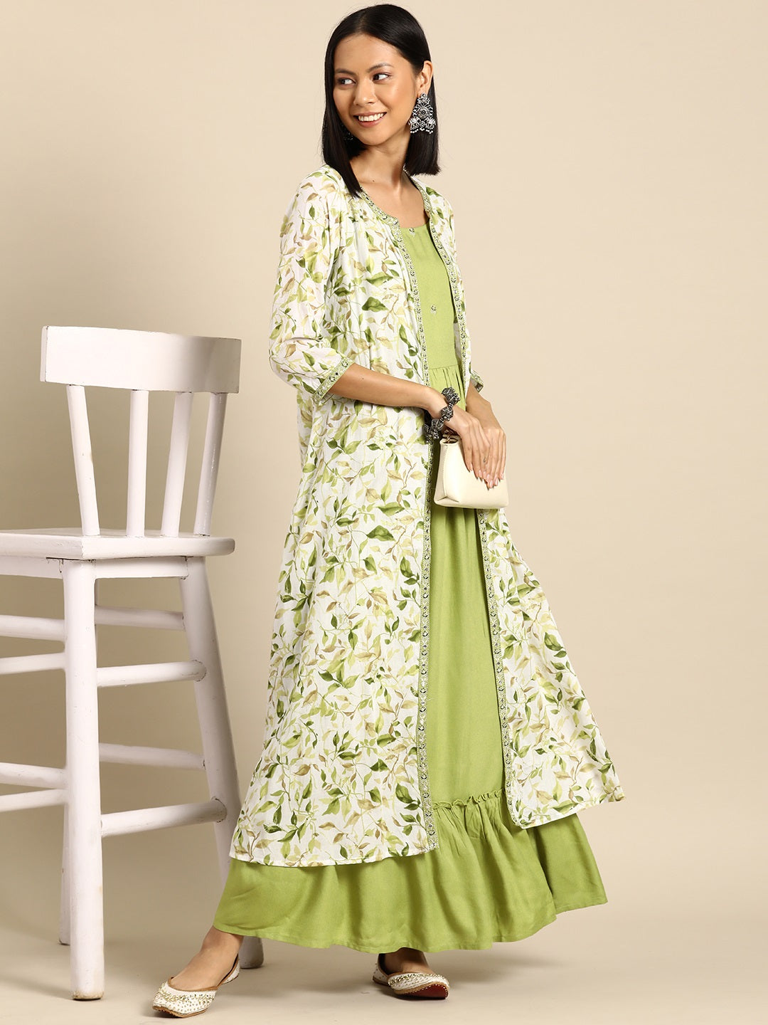 NOZ2TOZ Women Green Embroidered Flared Dress With Prinrted Jacket - Distacart