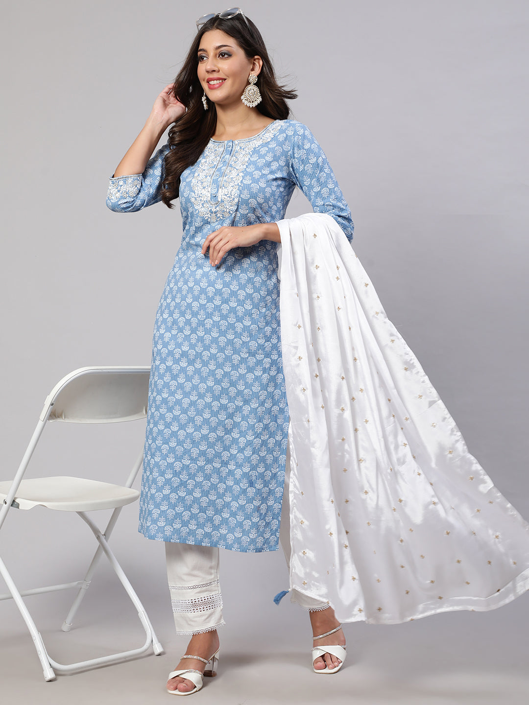 NOZ2TOZ Women Blue Embroidered Straight Kurta With Trouser And Dupatta - Distacart