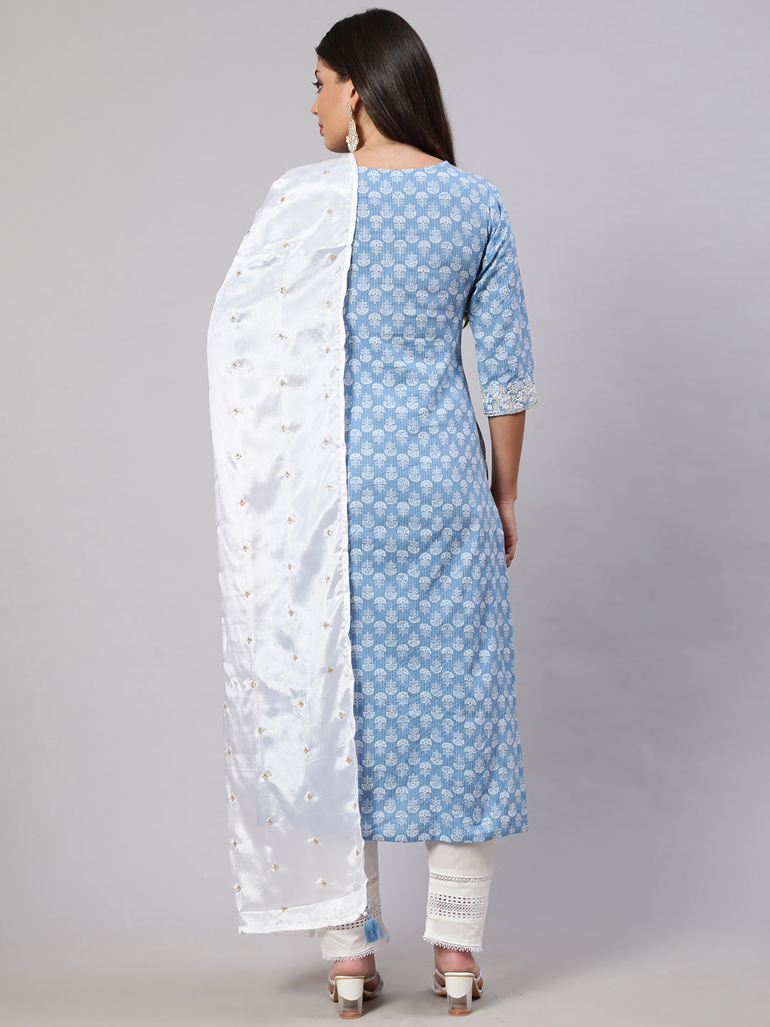 NOZ2TOZ Women Blue Embroidered Straight Kurta With Trouser And Dupatta - Distacart