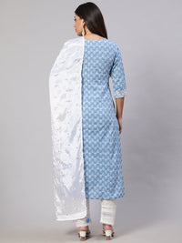 Thumbnail for NOZ2TOZ Women Blue Embroidered Straight Kurta With Trouser And Dupatta - Distacart