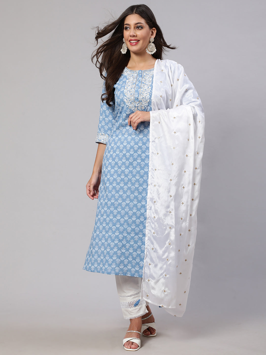 NOZ2TOZ Women Blue Embroidered Straight Kurta With Trouser And Dupatta - Distacart