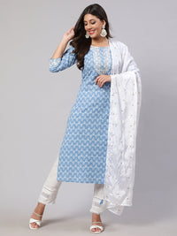 Thumbnail for NOZ2TOZ Women Blue Embroidered Straight Kurta With Trouser And Dupatta - Distacart