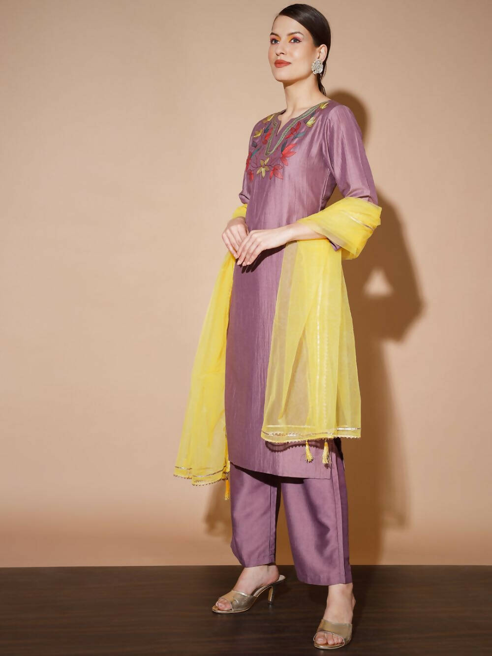 Myshka Mauve Solid Kurta & Palazzos With Dupatta - Distacart