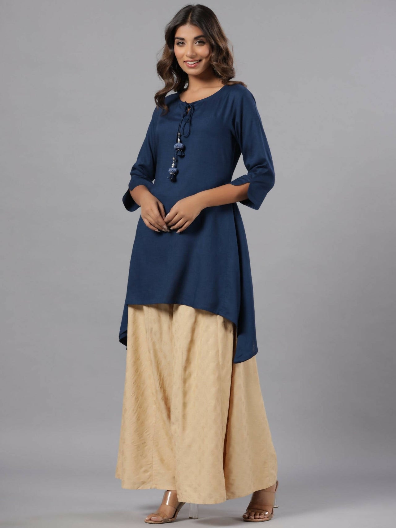 Juniper Women Indigo Rayon Solid Asymmetric Kurta - Distacart