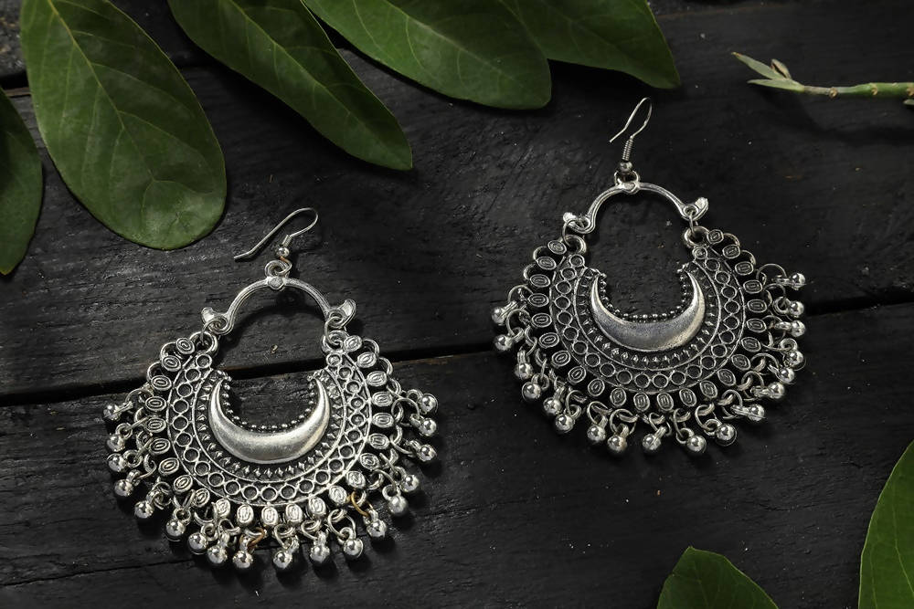 Oxidised Silver Peacock Chandbali Earrings - Bevy Pearls