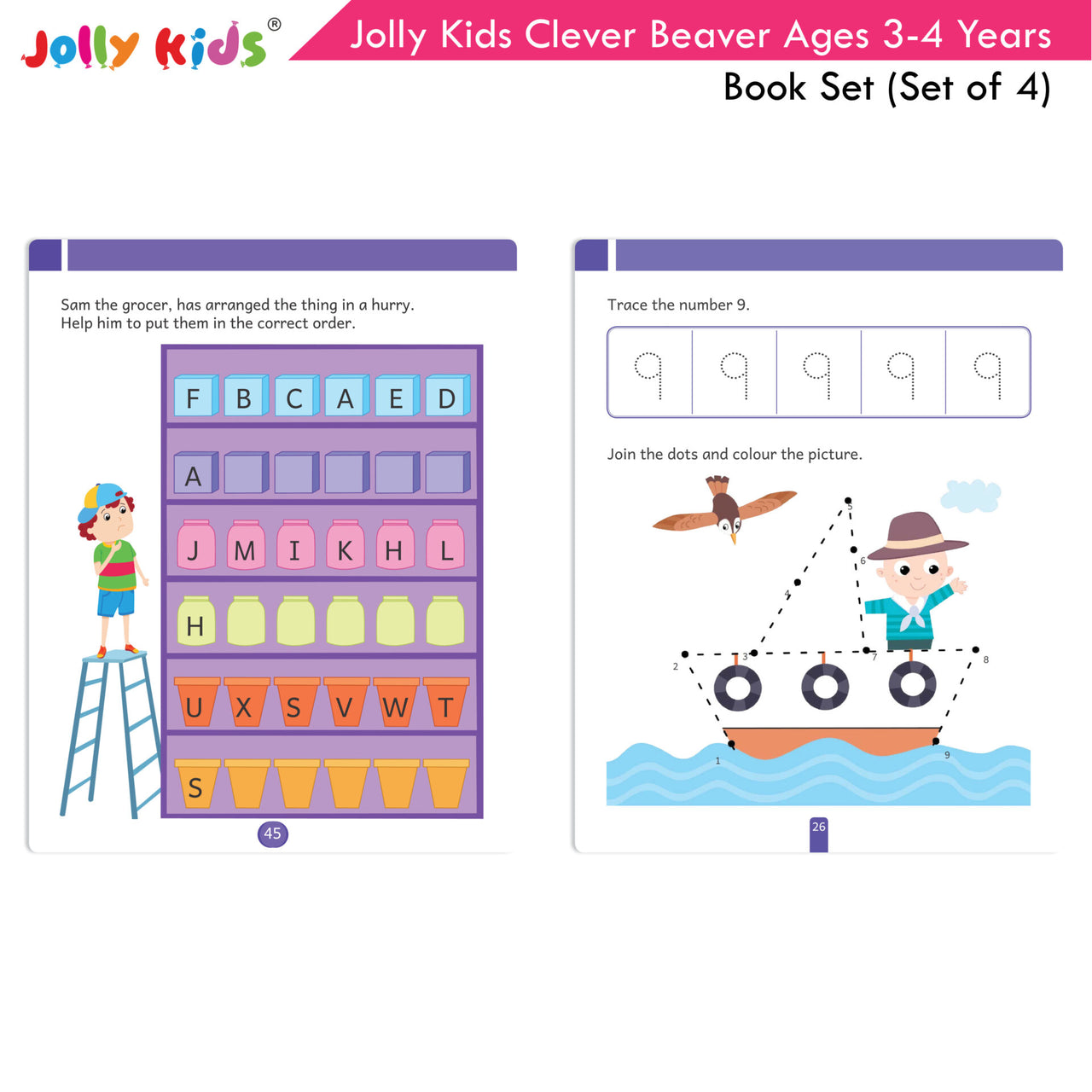 Jolly Kids Clever Beaver Ages 3-4 Years Fun Learning Workbooks Set of 4| Alphabets| Numbers| EVS| Good Habit| Workbooks for Kindergarten - Distacart