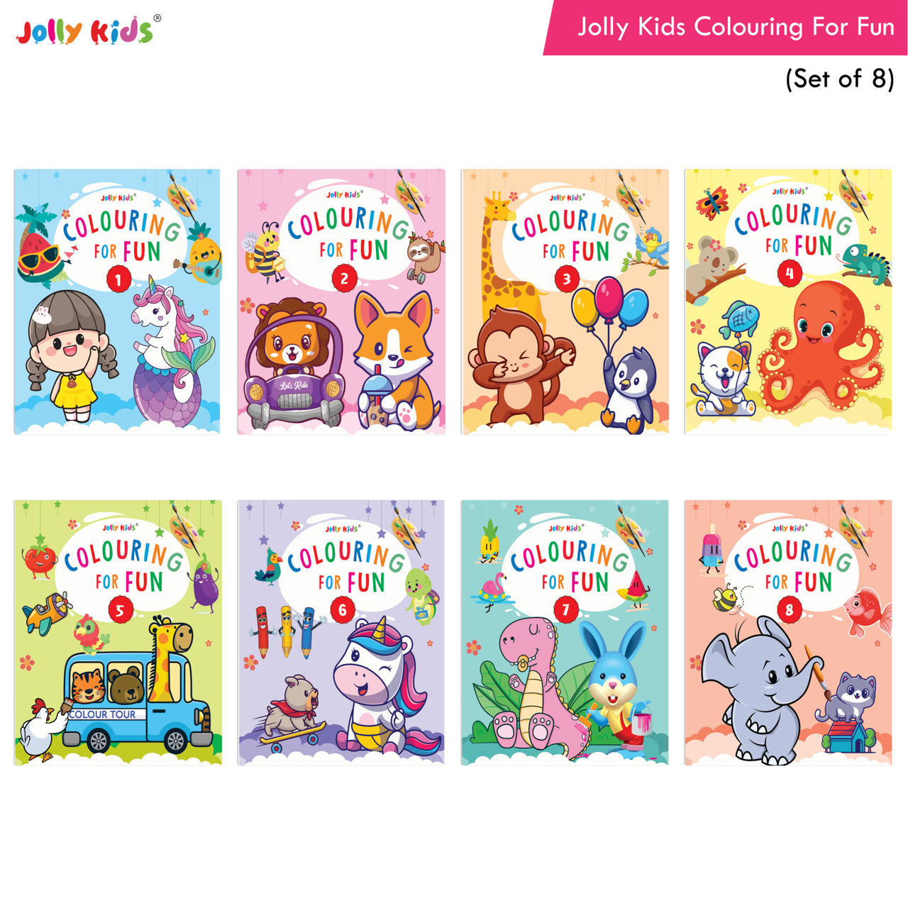 Jolly Kids Colouring for Fun Books For Kids Set of 8| Each Book 64 Images| Colouring & Painting Books| Ages 3 - 8 Year - Distacart