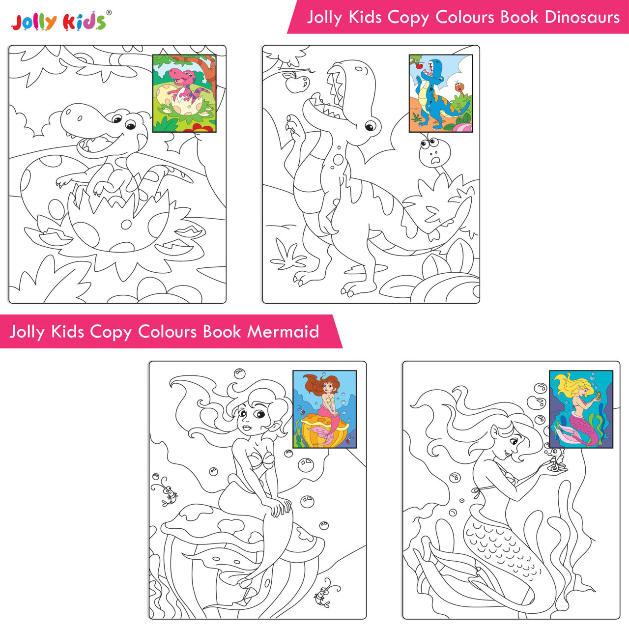 Jolly Kids Copy Colour Books Set of 8| Colouring Books: Animals, Flowers, Dinosaurs, Mermaid, Ocean, Pirates, Princess & Unicorn| Ages 3-10 years - Distacart