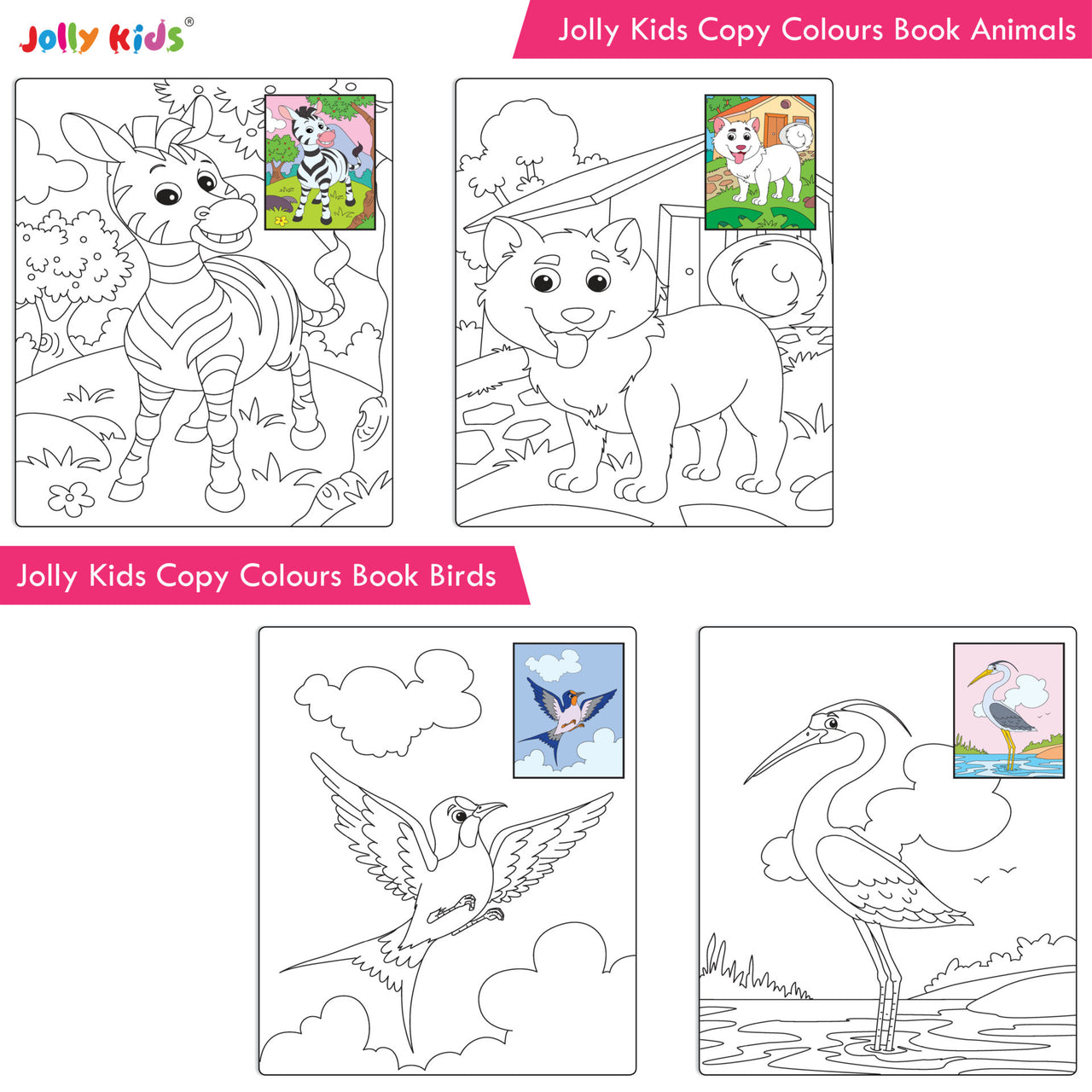 Jolly Kids Copy Colour Books Set of 8| Colouring Books: Animals, Flowers, Dinosaurs, Mermaid, Ocean, Pirates, Princess & Unicorn| Ages 3-10 years - Distacart